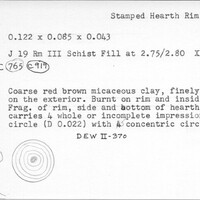 Index card with typed and handwritten information, sometimes including a sketch, of pottery from an excavation.