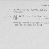Index card with typed and handwritten information, sometimes including a sketch, of pottery from an excavation.