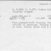 Index card with typed and handwritten information, sometimes including a sketch, of pottery from an excavation.