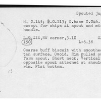 Index card with typed and handwritten information, sometimes including a sketch, of pottery from an excavation.