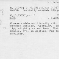 Index card with typed and handwritten information, sometimes including a sketch, of pottery from an excavation.