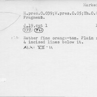 Index card with typed and handwritten information, sometimes including a sketch, of pottery from an excavation.