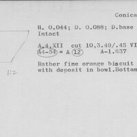 Index card with typed and handwritten information, sometimes including a sketch, of pottery from an excavation.
