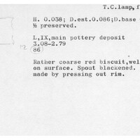 Index card with typed and handwritten information, sometimes including a sketch, of pottery from an excavation.
