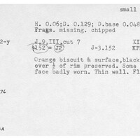Index card with typed and handwritten information, sometimes including a sketch, of pottery from an excavation.