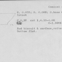 Index card with typed and handwritten information, sometimes including a sketch, of pottery from an excavation.