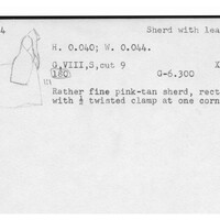Index card with typed and handwritten information, sometimes including a sketch, of pottery from an excavation.