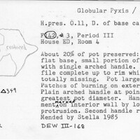 Index card with typed and handwritten information, sometimes including a sketch, of pottery from an excavation.