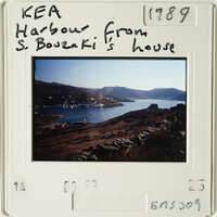 Scenic view of water and mountains, likely taken from S. Bovey's house.