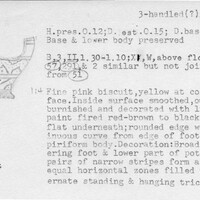 Index card with typed and handwritten information, sometimes including a sketch, of pottery from an excavation.