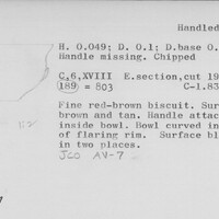 Index card with typed and handwritten information, sometimes including a sketch, of pottery from an excavation.