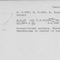 Index card with typed and handwritten information, sometimes including a sketch, of pottery from an excavation.