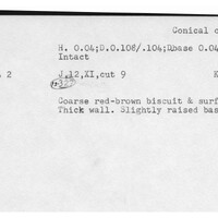 Index card with typed and handwritten information, sometimes including a sketch, of pottery from an excavation.