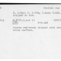 Index card with typed and handwritten information, sometimes including a sketch, of pottery from an excavation.