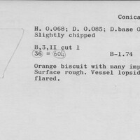 Index card with typed and handwritten information, sometimes including a sketch, of pottery from an excavation.