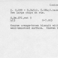 Index card with typed and handwritten information, sometimes including a sketch, of pottery from an excavation.