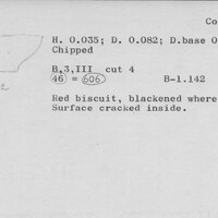 Index card with typed and handwritten information, sometimes including a sketch, of pottery from an excavation.
