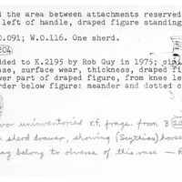 Index card with typed and handwritten information, sometimes including a sketch, of pottery from an excavation.
