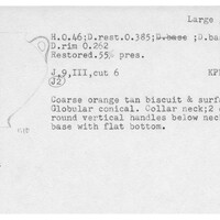 Index card with typed and handwritten information, sometimes including a sketch, of pottery from an excavation.
