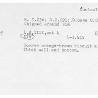 Index card with typed and handwritten information, sometimes including a sketch, of pottery from an excavation.