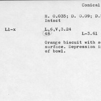 Index card with typed and handwritten information, sometimes including a sketch, of pottery from an excavation.