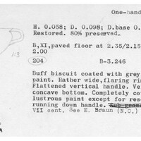 Index card with typed and handwritten information, sometimes including a sketch, of pottery from an excavation.