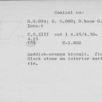 Index card with typed and handwritten information, sometimes including a sketch, of pottery from an excavation.