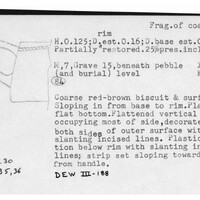 Index card with typed and handwritten information, sometimes including a sketch, of pottery from an excavation.