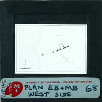 Photo of slide of drawing of walls labeled "Plan EB + MB West Side."