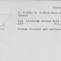 Index card with typed and handwritten information, sometimes including a sketch, of pottery from an excavation.
