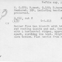Index card with typed and handwritten information, sometimes including a sketch, of pottery from an excavation.