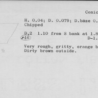 Index card with typed and handwritten information, sometimes including a sketch, of pottery from an excavation.