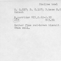 Index card with typed and handwritten information, sometimes including a sketch, of pottery from an excavation.