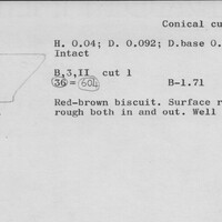 Index card with typed and handwritten information, sometimes including a sketch, of pottery from an excavation.