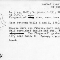 Index card with typed and handwritten information, sometimes including a sketch, of pottery from an excavation.