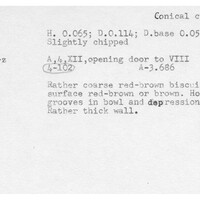 Index card with typed and handwritten information, sometimes including a sketch, of pottery from an excavation.