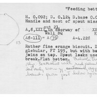 Index card with typed and handwritten information, sometimes including a sketch, of pottery from an excavation.