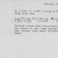 Index card with typed and handwritten information, sometimes including a sketch, of pottery from an excavation.