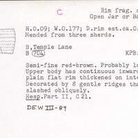 Index card with typed and handwritten information, sometimes including a sketch, of pottery from an excavation.