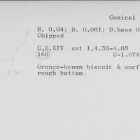 Index card with typed and handwritten information, sometimes including a sketch, of pottery from an excavation.