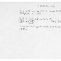 Index card with typed and handwritten information, sometimes including a sketch, of pottery from an excavation.