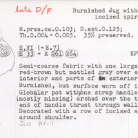 Index card with typed and handwritten information, sometimes including a sketch, of pottery from an excavation.