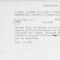 Index card with typed and handwritten information, sometimes including a sketch, of pottery from an excavation.