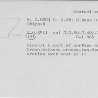 Index card with typed and handwritten information, sometimes including a sketch, of pottery from an excavation.