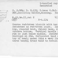 Index card with typed and handwritten information, sometimes including a sketch, of pottery from an excavation.