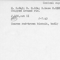 Index card with typed and handwritten information, sometimes including a sketch, of pottery from an excavation.