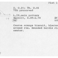 Index card with typed and handwritten information, sometimes including a sketch, of pottery from an excavation.