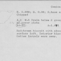 Index card with typed and handwritten information, sometimes including a sketch, of pottery from an excavation.