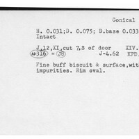Index card with typed and handwritten information, sometimes including a sketch, of pottery from an excavation.