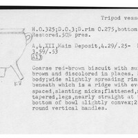 Index card with typed and handwritten information, sometimes including a sketch, of pottery from an excavation.